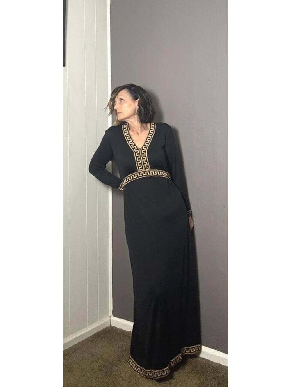 1970's Black Maxi-Dress with Metallic Gold Greek Key Trim size L-XL